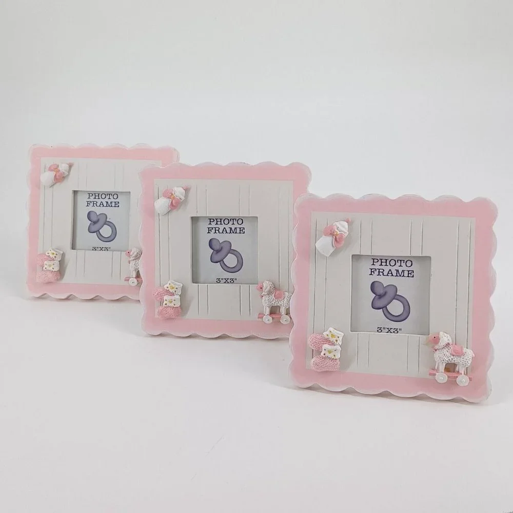 Newborn Baby Girl Photo Frame Gift Pink 3x3 Picture Free Stand Wood 6.5x6.5 Dime - Picture 4 of 12